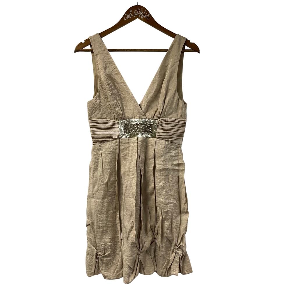 BCBGMAXAZRIA Mini Dress Deep Double V Neck 4 Champagne Sequins Vintage